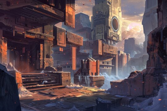 Futuristic cityscape with large buildings and a glowing moon