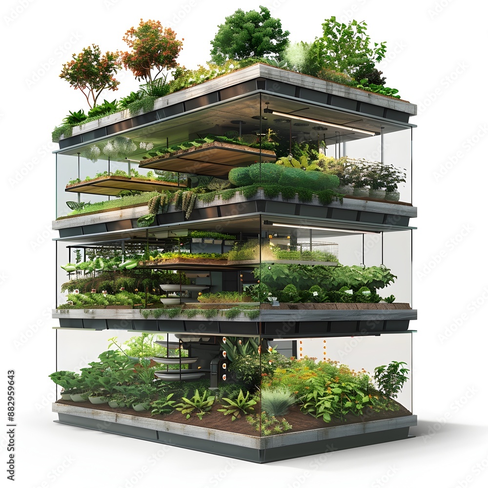 Aufkleber cross section view of vertical farm with layered crops and advanced irrigation system