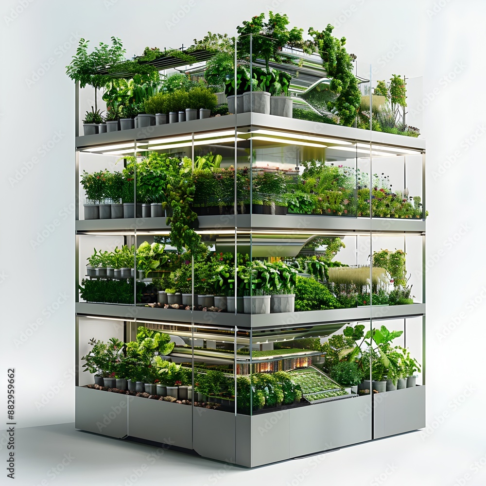Poster futuristic vertical farm with cross section view of layered crops and irrigation systems