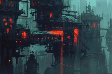 Cyberpunk Cityscape with Glowing Red Lights and Futuristic Architecture