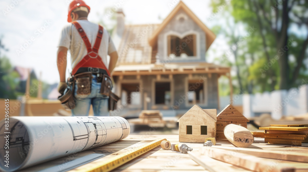 Poster construction worker overseeing home building project with blueprints and tools in foreground