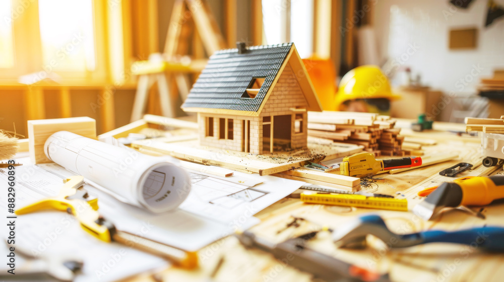 Poster miniature house model on construction table with tools and blueprints in sunlit workshop