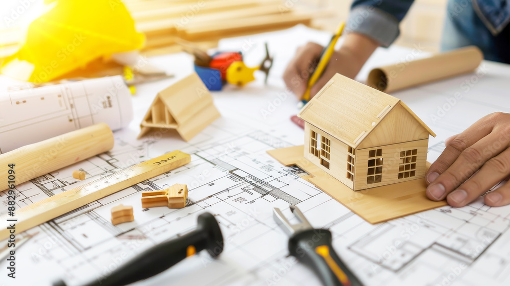 Poster architect working on house model and blueprints with tools on desk in modern office