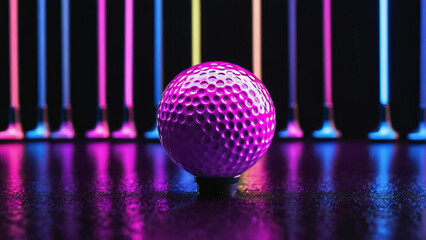pink golf ball on a reflective surface, colorful lights in the background, neon tubes, vibrant modern contrast, nighttime