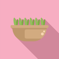 Green grass growing in a pot with long shadow on pink background, flat design style