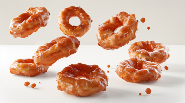 Tempting Apple Fritter Rings Coated in Sugar Glaze, Ideal for Promotional Material, on White Background