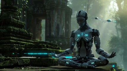 Fototapeta premium Robot meditating in front of ancient temple, sleek metal body with blue lights, moss-covered steps, detailed facial features, serene expression, futuristic drones in
