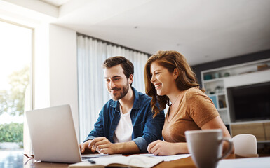Man, woman and happy with laptop in home for planning, document for mortgage or savings. Couple, house and computer with paperwork for property loan with growth, profit on investment with real estate