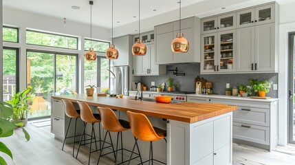 Bright, airy kitchen with large windows, white cabinets, and wood accents. Features copper pendant lights, orange chairs, and plants for a warm, inviting atmosphere.