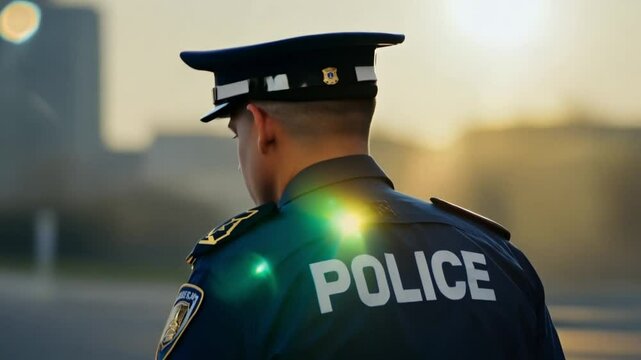 African American man cops stands in city look at camera enforcement happy officer police uniform safety security communication control policeman portrait close up slow motion police 4k video