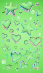 Abstract stars and heart on a green background 3D render.
3D background. Abstract background. 3D graphics. 3D background.