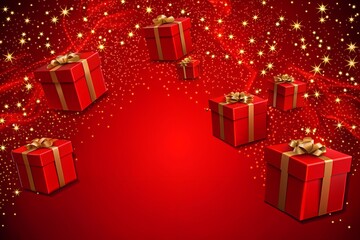 Obraz premium New Year's holiday background with lots of golden gifts on a red background