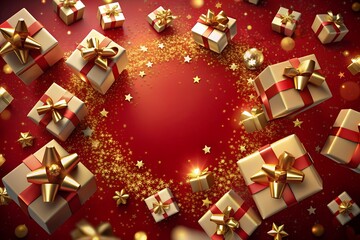 New Year's holiday background with lots of golden gifts on a red background