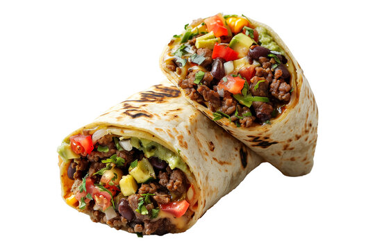 Classic burritos filled with meat, corn and fresh vegetables isolated on white transparent background.