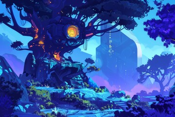 Futuristic landscape with glowing tree and ruins of a city