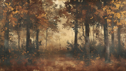 Fototapeta premium Fall Forest - Vintage Painting, Rustic Art, Seasonal, Cottage core, Country, Antique