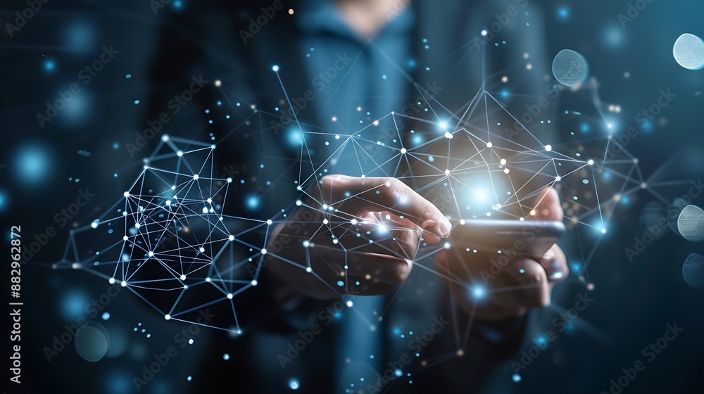 Poster businessman using smartphone with glowing network connections representing global communication and 