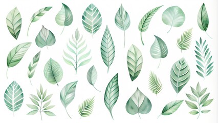 a set of different shapes of green leaves on a white background	