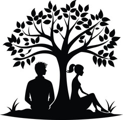 couple sitting under tree silhouette. couple, silhouette, tree, man, woman, background, young, love, people, female,landscape, template