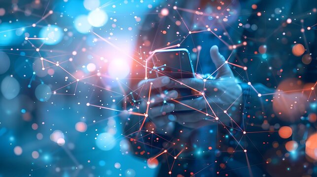 Glowing network connections surround a person holding a smartphone