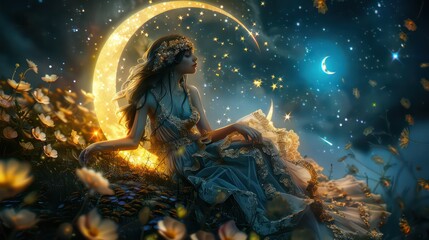Obraz premium A woman is sitting on a crescent moon