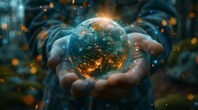 Global unity symbolized by a person holding a glowing hologram of the Earth