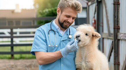 A veterinarian wearing scrubs and gloves injects a small, light brown dog with a syringe
