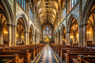 A large church with many pews and stained glass windows. The atmosphere is peaceful and serene