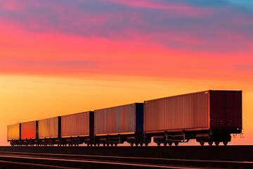 Fototapeta premium Silhouette of freight train moving through the countryside, Suppliers Routes Haulage, Rail transport