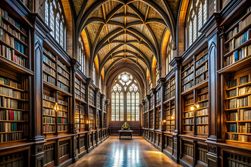 Fototapeta premium A large library with many bookshelves and a long aisle. The atmosphere is quiet and peaceful