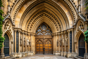 Fototapeta premium A large, ornate building with a grand entrance. The building is surrounded by a courtyard, and the entrance is flanked by two large doors