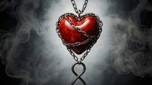 A heart wrapped in smoking chains, representing addiction