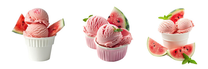 Set of decor Watermelon ice cream scoops isolated on a transparent background