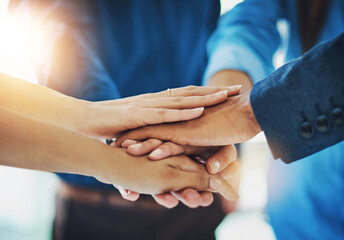 Group, business people and hands in stack for collaboration, support or diversity in workplace...
