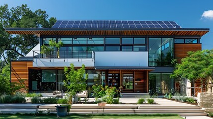 Obraz premium Futuristic AI Smart Home Energy Management System with Solar Panels and Modern Efficient Design