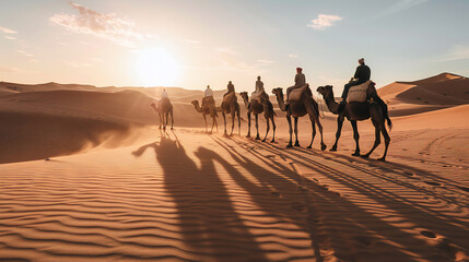 Camel caravan on sand dunes on dessert