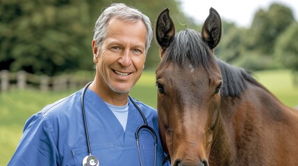 A veterinarian wearing a blue scrubs uniform smiles while examining a brown horse on a rural farm