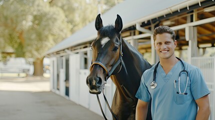 A veterinarian wearing a blue scrubs uniform smiles while examining a brown horse on a rural farm