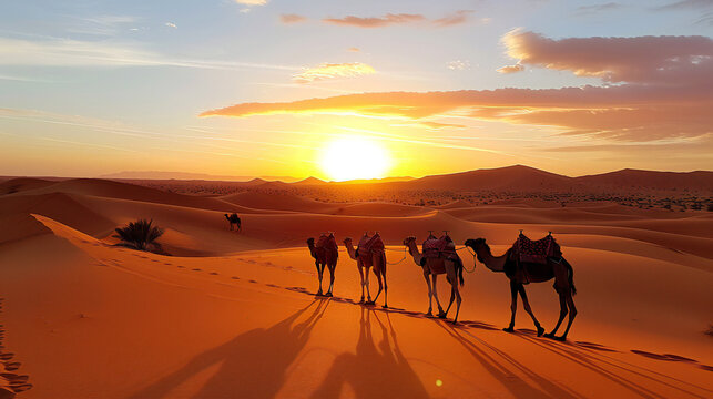 Camel caravan on sand dunes on dessert
