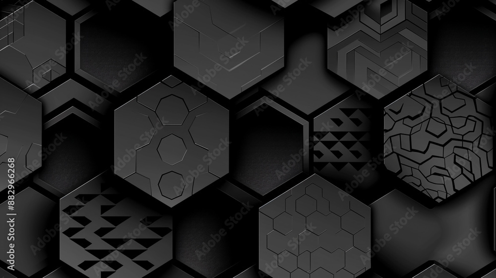 Poster abstract black geometric hexagons with intricate patterns on a dark background