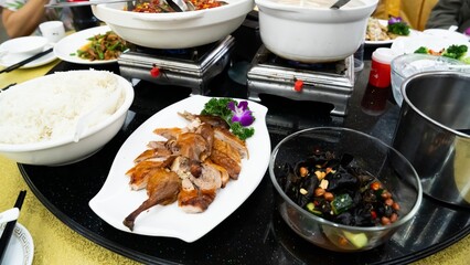 Original Chinese food , Peking or beijing roasted duck close-up, Chinese cuisine dining at restaurant.