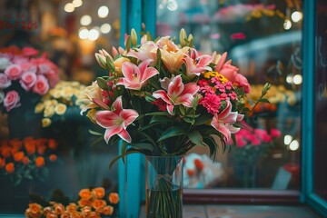 Beautiful bouquet of flowers in vase over blurred florist shop