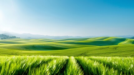 Fototapeta premium A stunning landscape of rolling green hills under a clear blue sky, showcasing the beauty of nature and the tranquility of rural scenery.