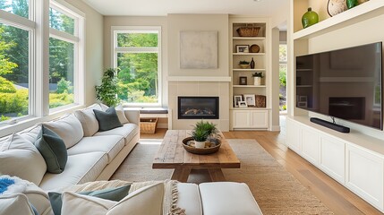 A bright, airy living room with large windows, white walls, and wooden floors. Features include a fireplace, built-in shelving, and comfortable seating arranged around a rustic coffee table.