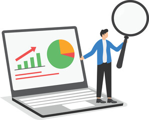 Market data trend analysis, Analyze reports, graphs, charts, and other business data. Businessmen analyze financial trend graphs and charts with magnifying glass. Vector design illustrator.

