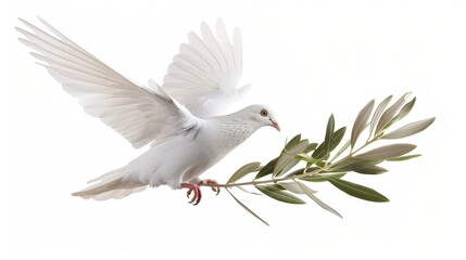 Fototapeta premium A white dove flies with a green branch in its beak against a white background