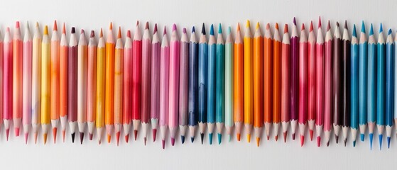 Obraz premium A vibrant collection of colorful pencils arranged in a neat row, perfect for art projects, creative work, and educational purposes.