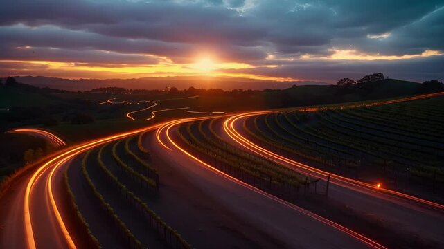 As the sun sets over the vineyards car lights become the only source of light creating a breathtaking display of trails that weave through the rows of gvines.