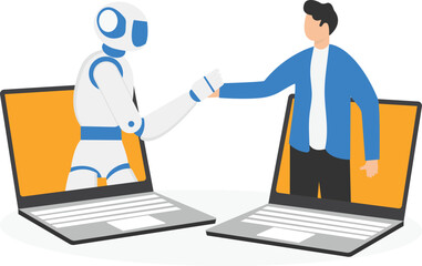 Ai robot and human shaking hands, Online collaboration between humans and artificial intelligence, Businessman and robot holding hands on laptop, Technological progress. Vector design illustration.

