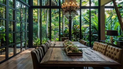 An elegant dining room with a long wooden table